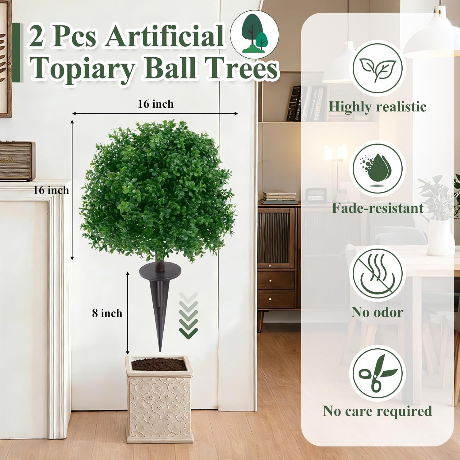 U'Artlines 23.6 Artificial Boxwood Topiary Ball Trees with Ground Spike, Faux Greenery Plants UV Resistant Fake Shrubs Bushes for Front Porch Garden Yard Outdoor Decor, Set of 2